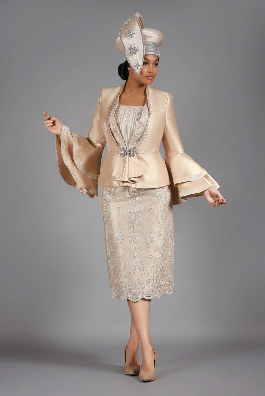 Champagne lace skirt suit with matching hat, angled view