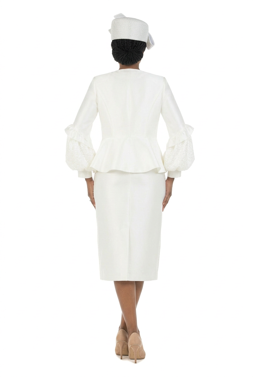 Off-white balloon sleeve peplum skirt suit back view with Black woman
