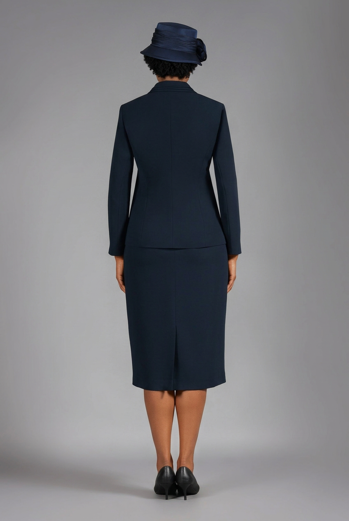 Navy skirt suit with matching hat, back view