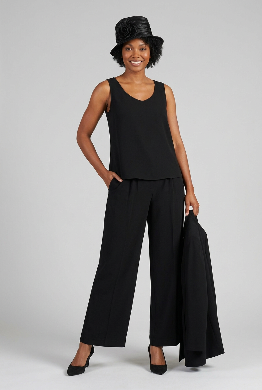 Black camisole and pants with long jacket held at side