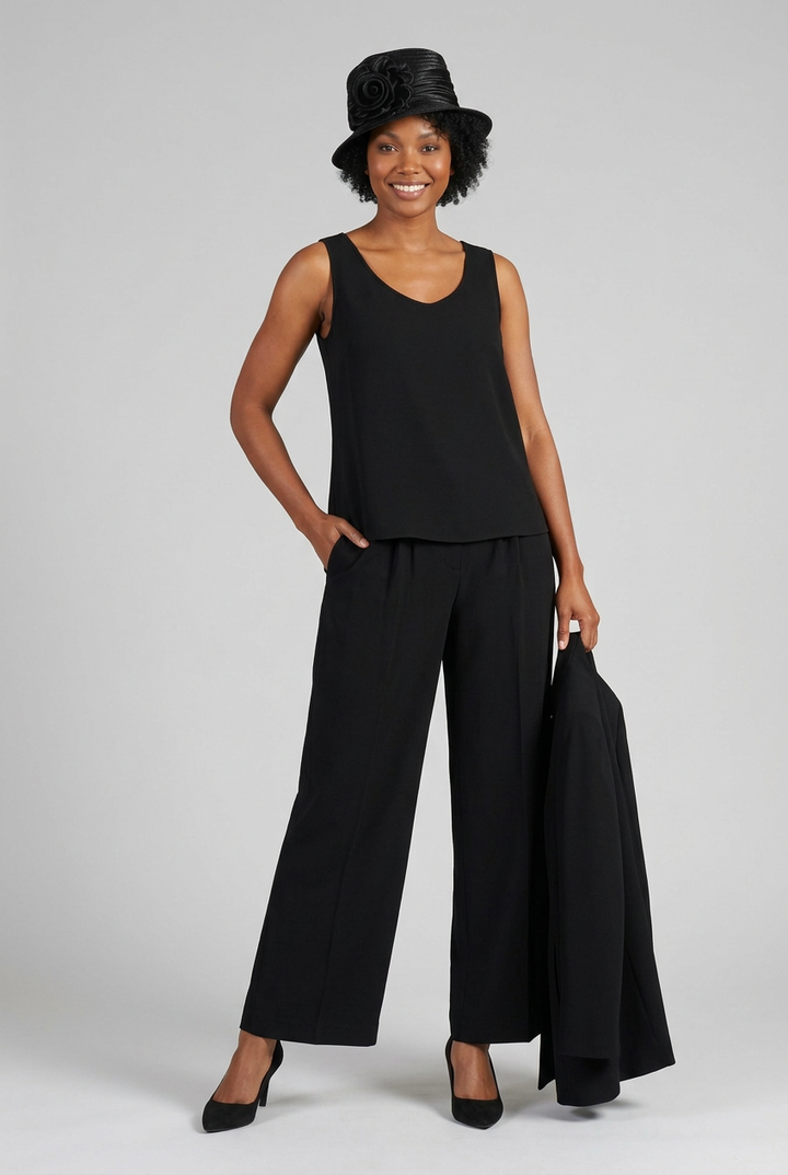 Black camisole and pants with long jacket held at side