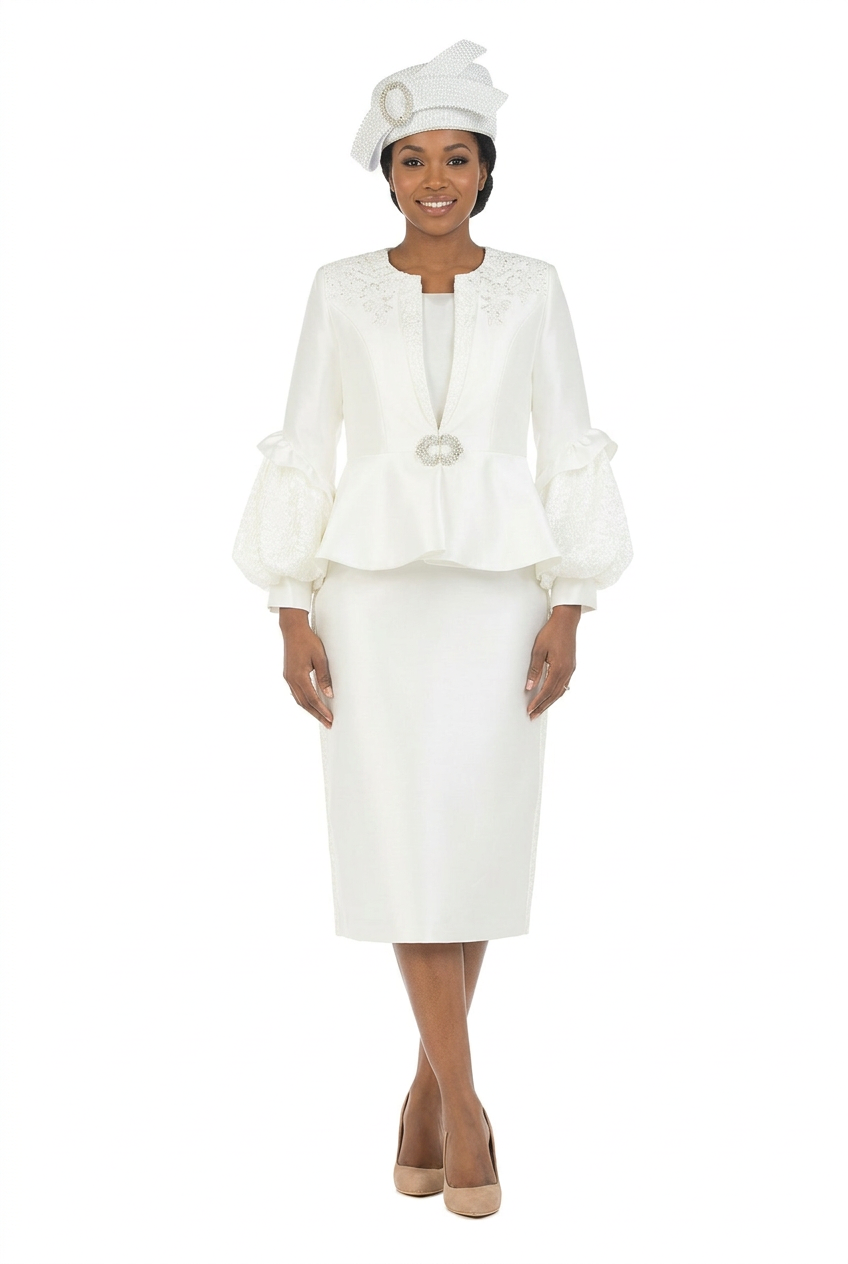 Off-white balloon sleeve peplum skirt suit front view with Black woman