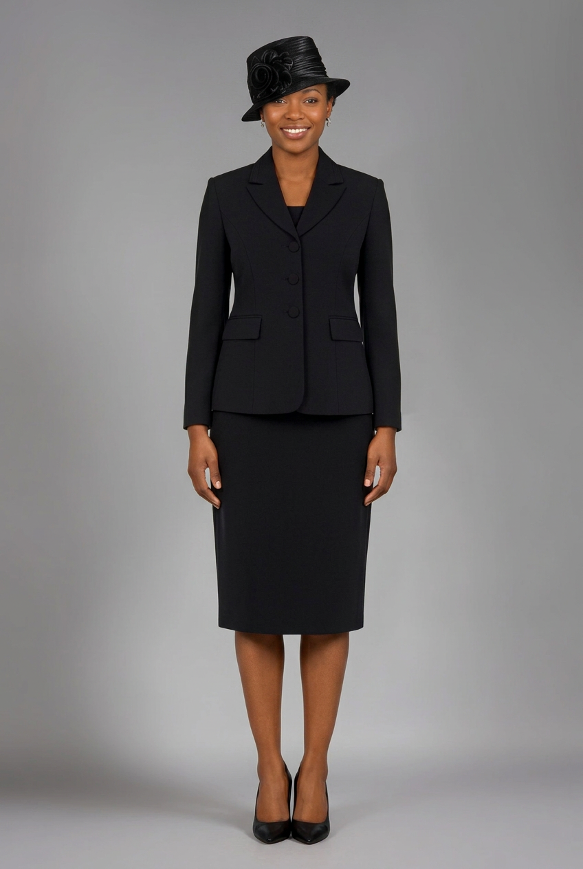 Black skirt suit with matching hat, front view