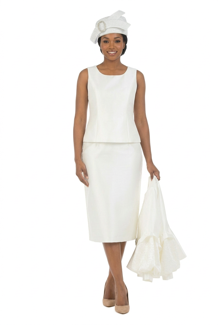 Off-white sleeveless top and skirt with Black woman holding matching jacket