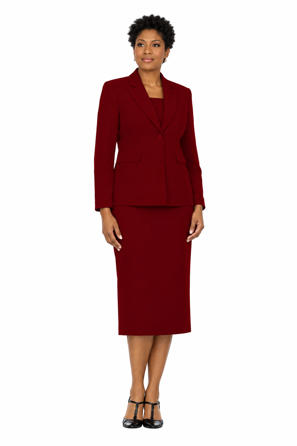Model wearing the burgundy two-button blazer and matching midi skirt suit