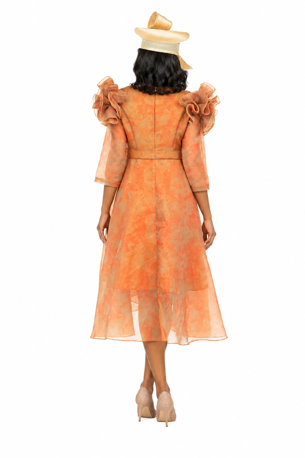 Orange organza dress with cream hat, back view