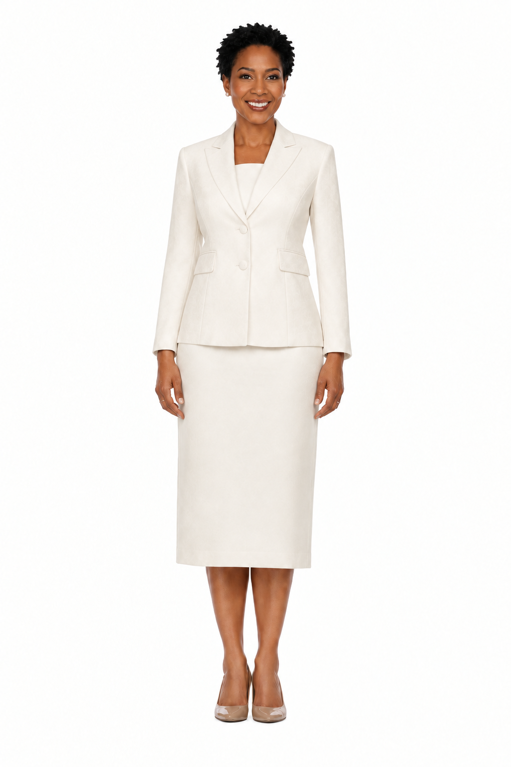 Model wearing an off-white two-button blazer and matching midi skirt suit
