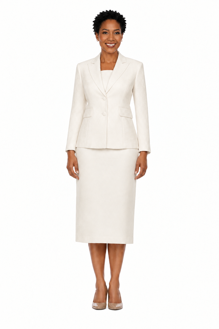 Model wearing an off-white two-button blazer and matching midi skirt suit