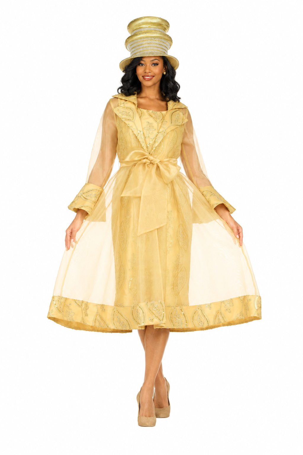 Gold embroidered dress with sheer jacket and hat
