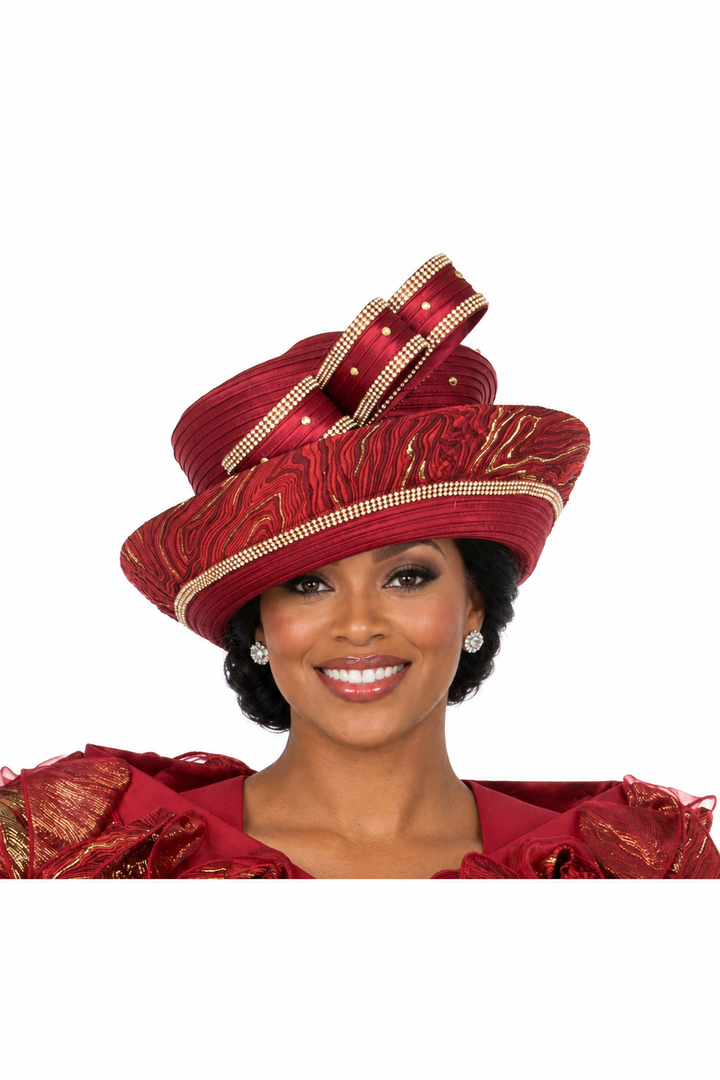Cranberry wide brim hat with rhinestone-trimmed bow, front view on a Black woman