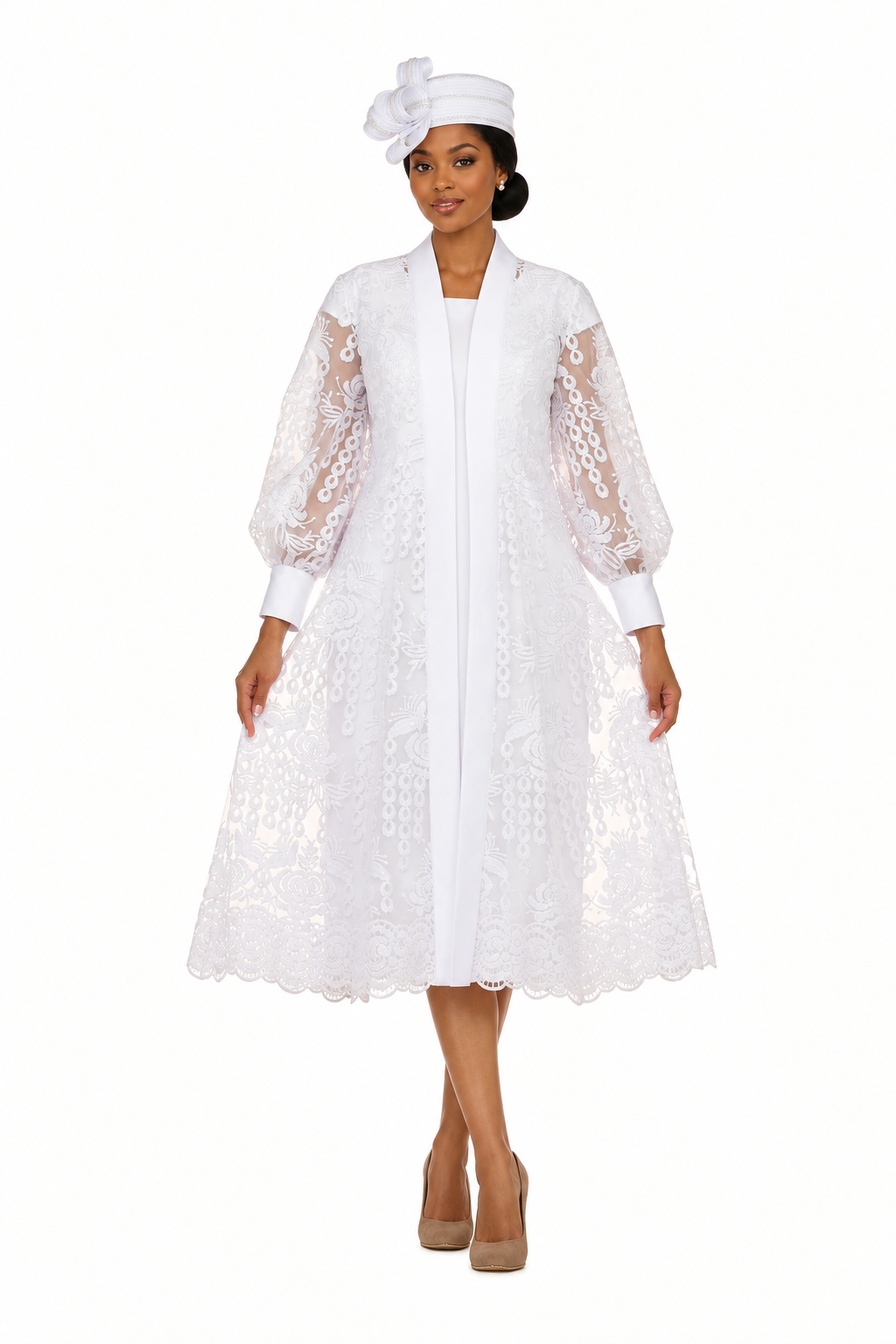 White midi dress and flared lace jacket with small white hat