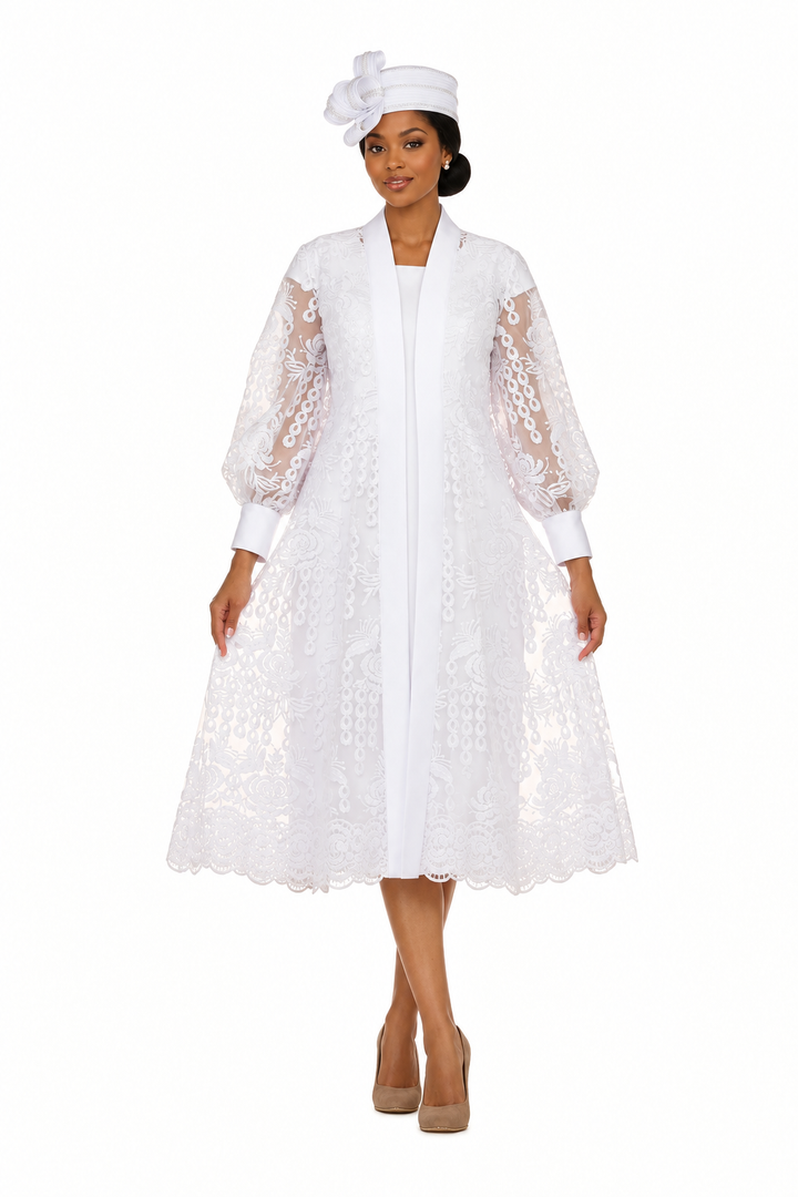 White midi dress and flared lace jacket with small white hat