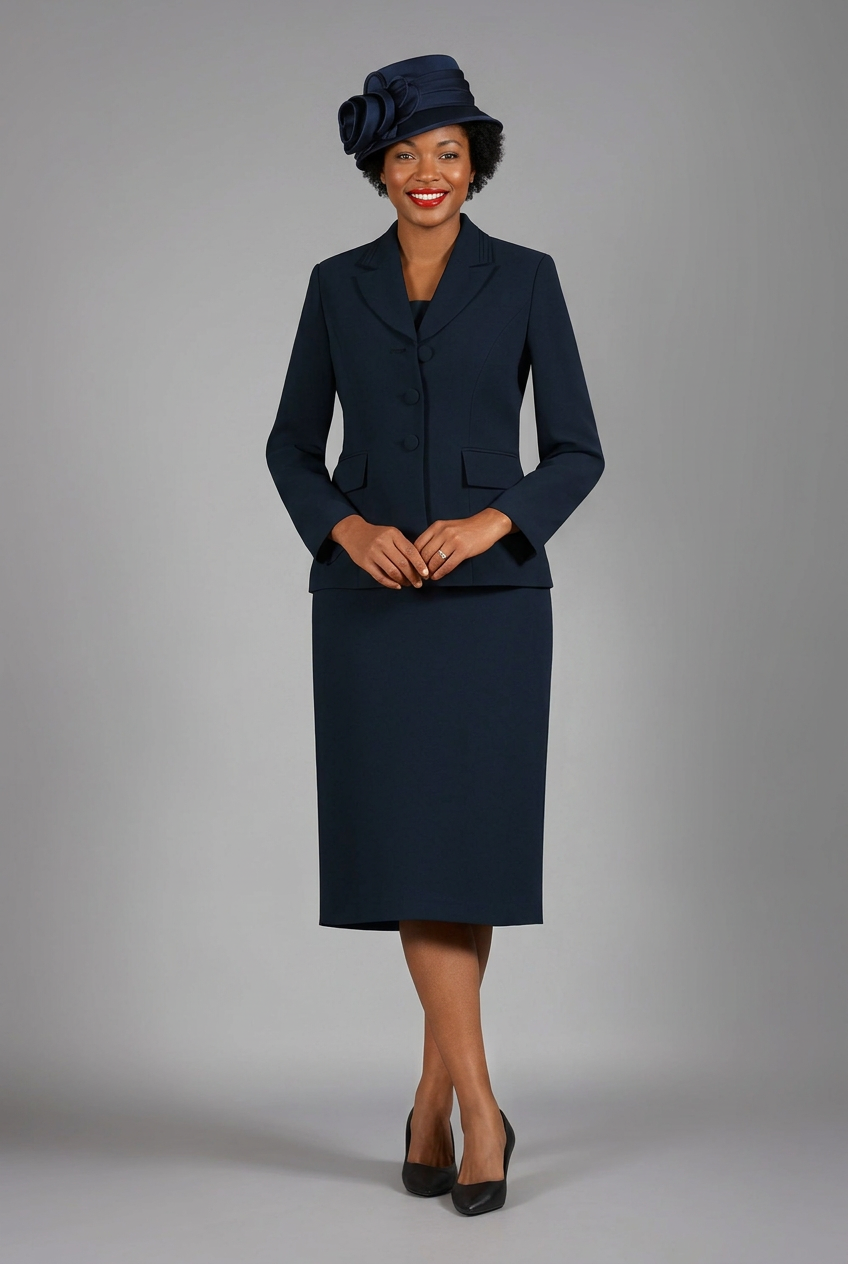 Navy skirt suit with matching hat, front view