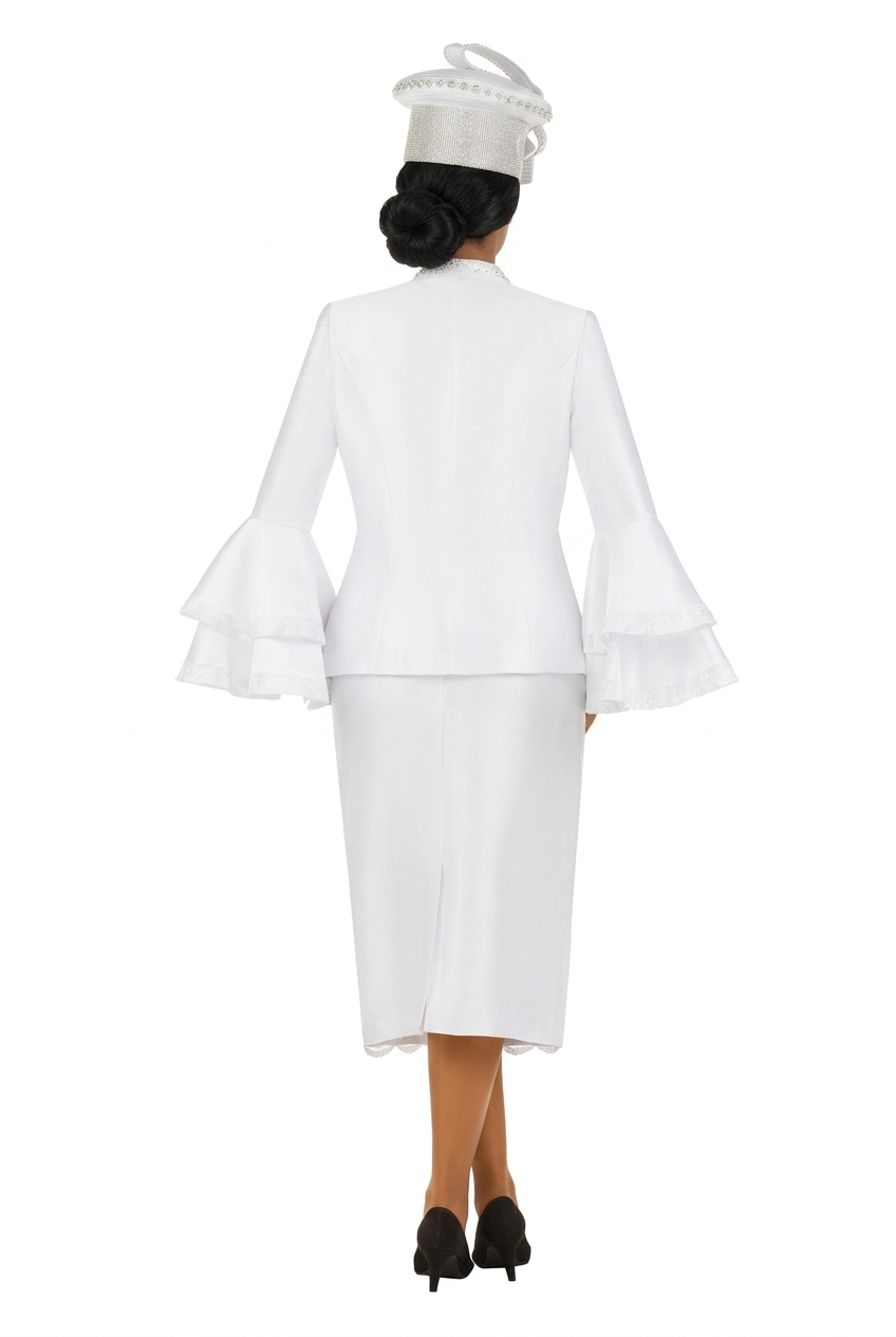 White skirt suit with matching hat, back view