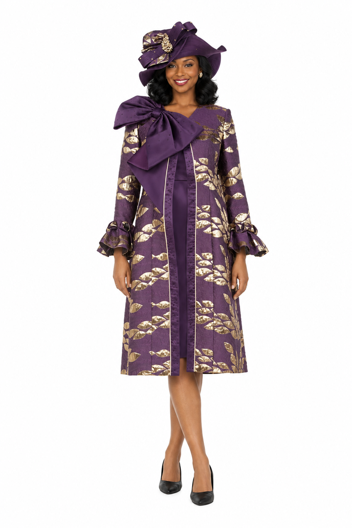 Eggplant and gold brocade jacket dress set, front view