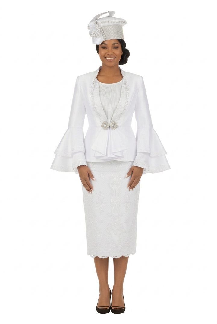 White skirt suit with matching hat, front view