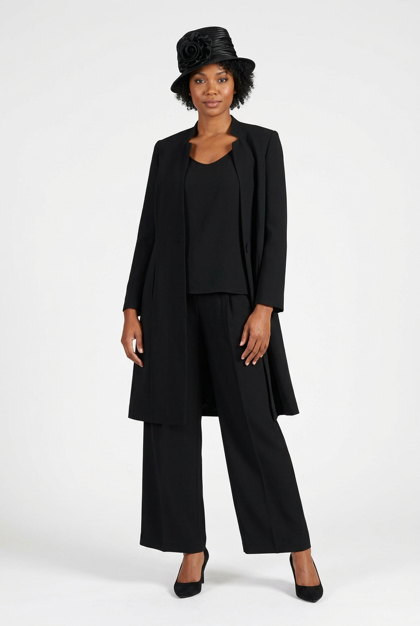 Black three-piece pants suit, open long-jacket view