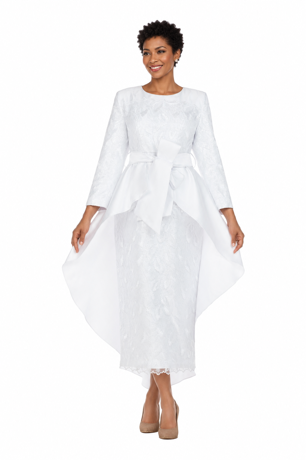 White sequined lace gown with waist cape spread, front view