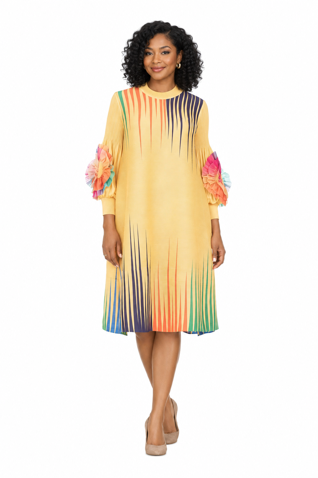 Golden yellow multicolor stripe pleated dress, front view