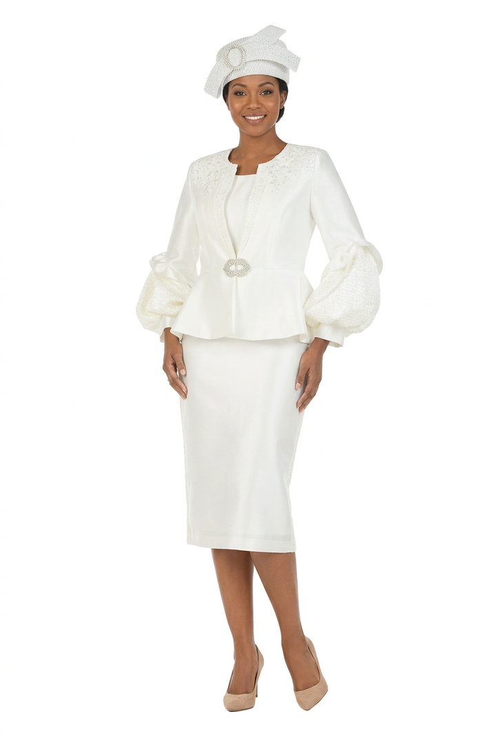 Off-white balloon sleeve peplum skirt suit angled view with Black woman