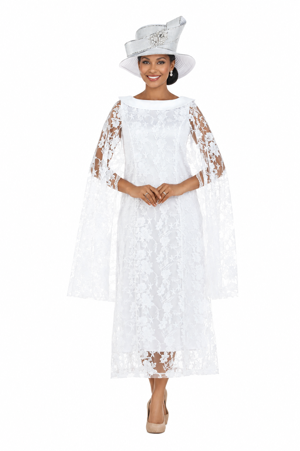 White floral lace overlay dress with cape and hat, clasped-hands front view