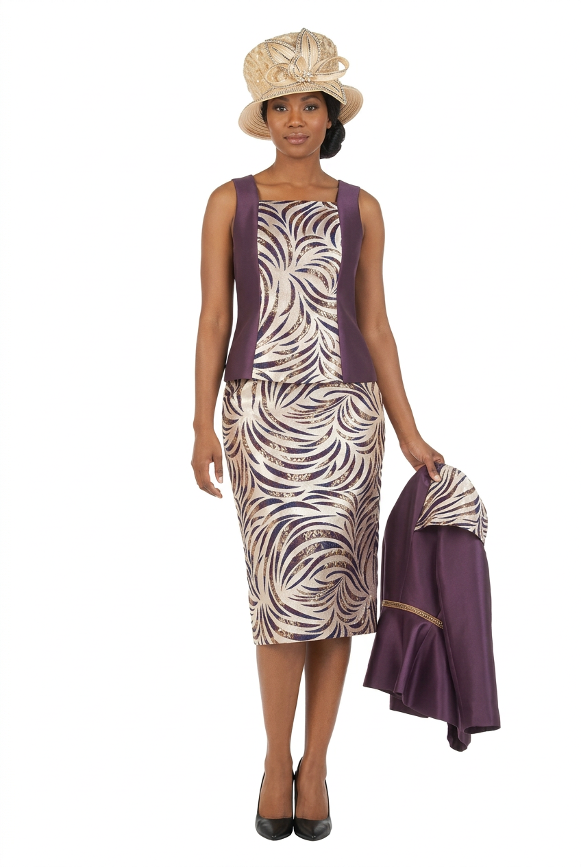 3pc Silky Twl+Brcd Skt Suit w/ Gold Waist Dtl