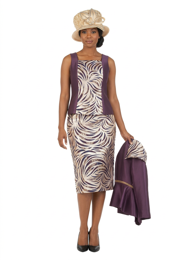 3pc Silky Twl+Brcd Skt Suit w/ Gold Waist Dtl
