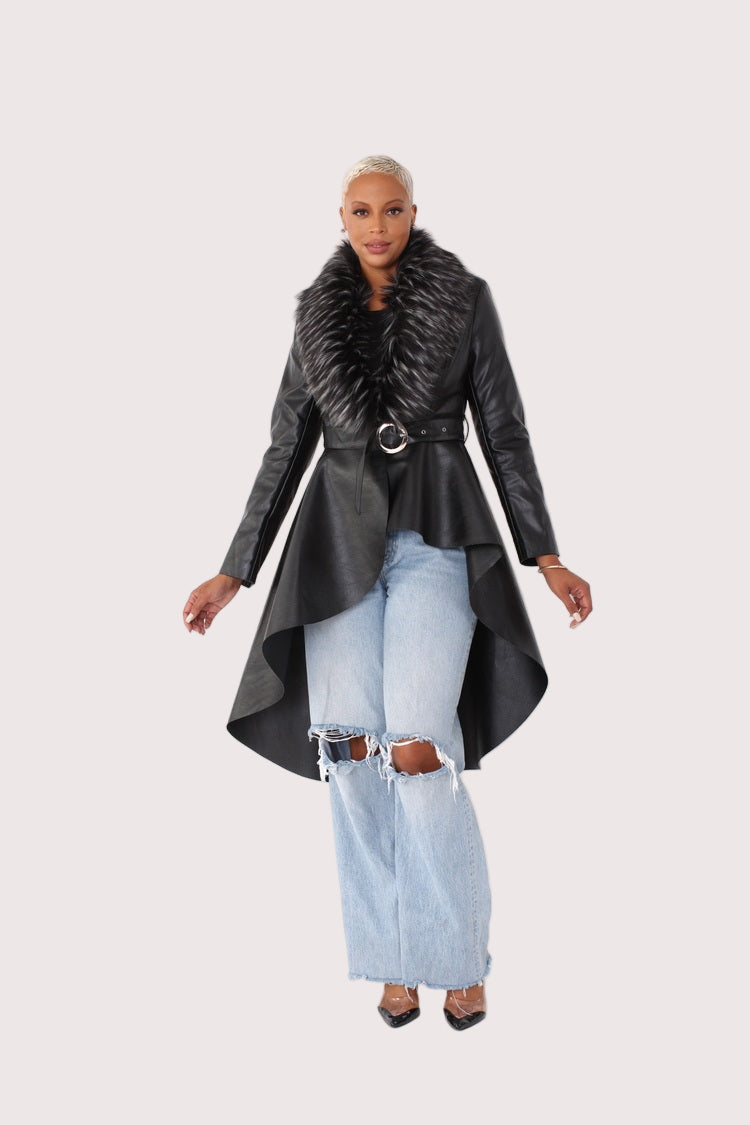 Leather Coat with Fur Collar -82054