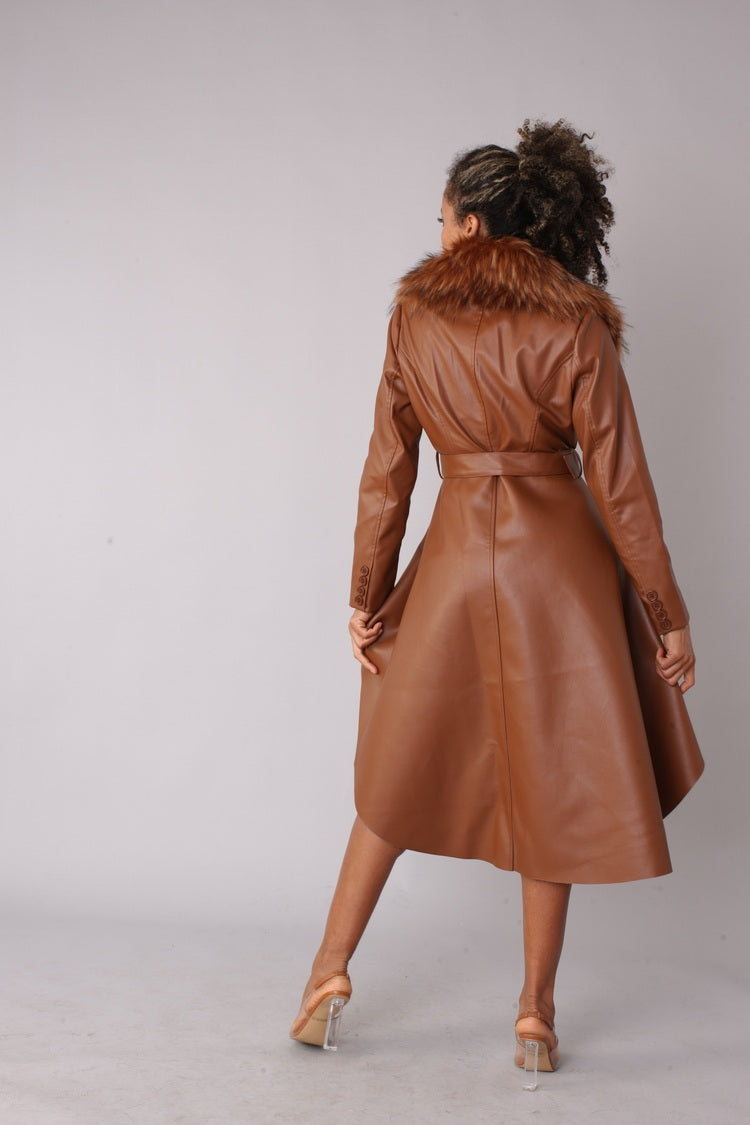 Leather Coat with Fur Collar -82054