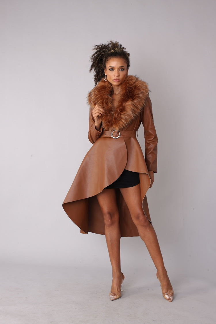 Leather Coat with Fur Collar -82054