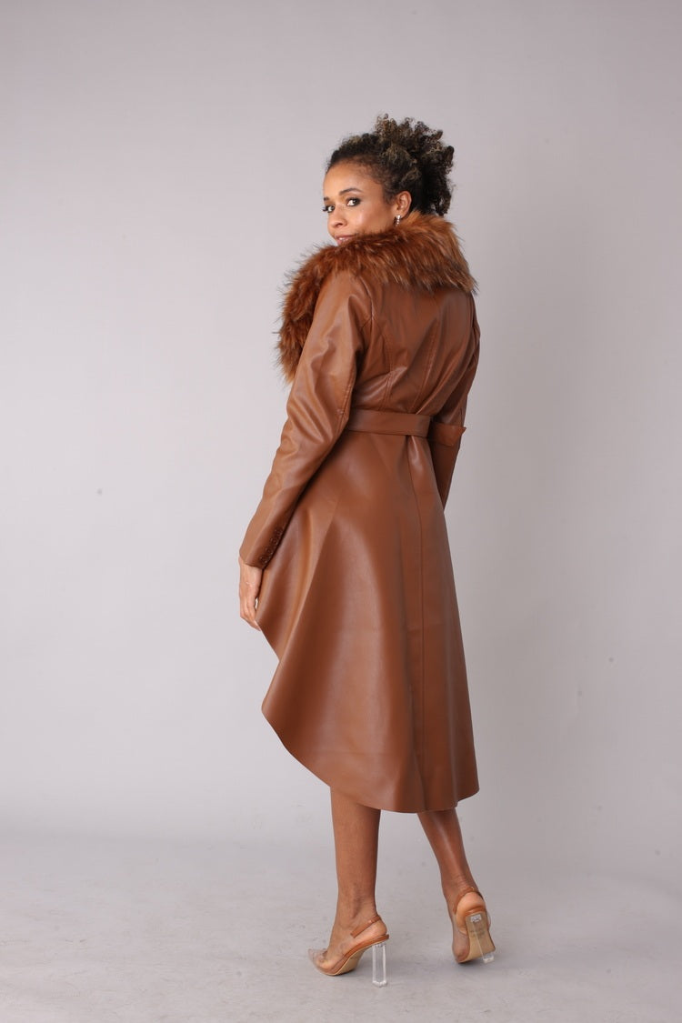 Leather Coat with Fur Collar -82054