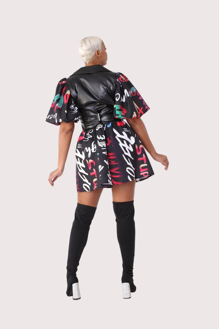 Leather Puff Sleeve Printed Dress -82035