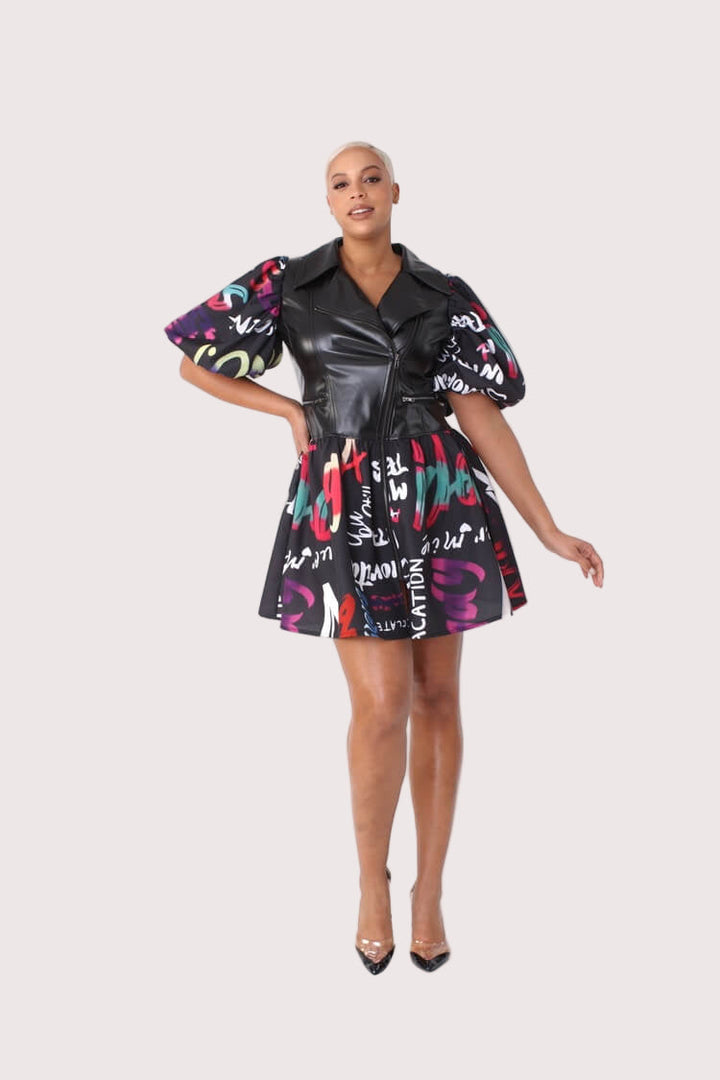Leather Puff Sleeve Printed Dress -82035