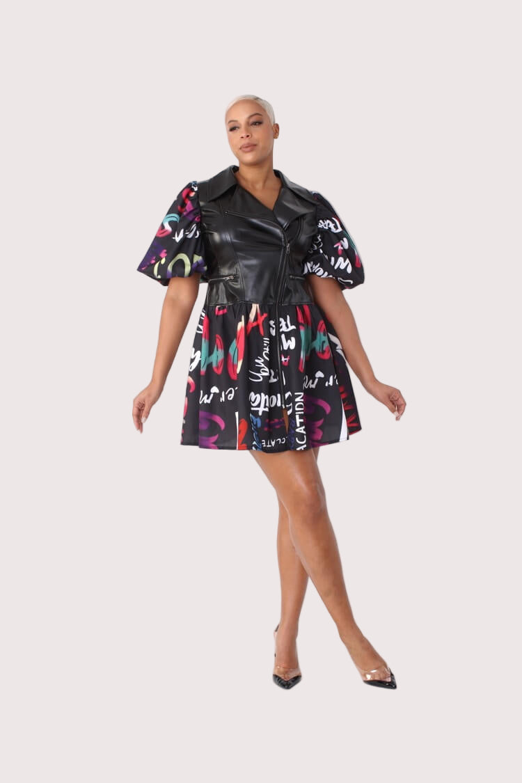 Leather Puff Sleeve Printed Dress -82035