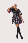 Leather Puff Sleeve Printed Dress -82035