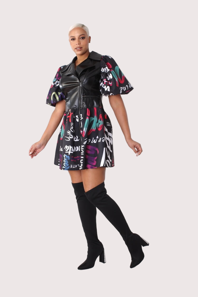 Leather Puff Sleeve Printed Dress -82035