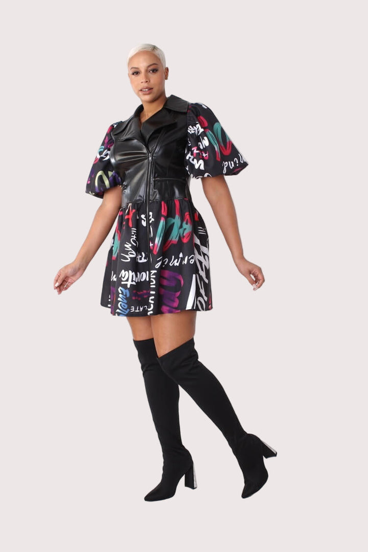 Leather Puff Sleeve Printed Dress -82035