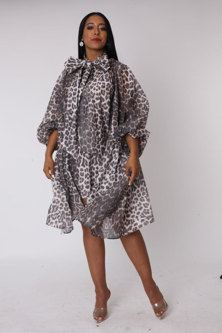 Leopard Print Organza Bow Dress- 82752