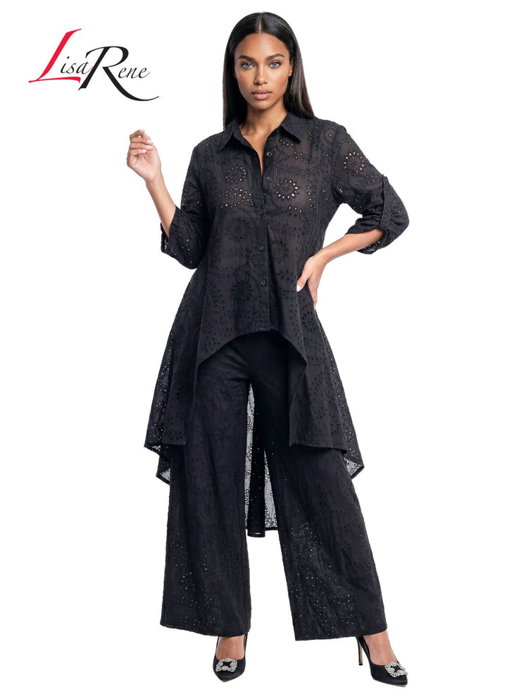 Lisa Rene' , 2Pc. Hi-Low Tunic & Pant Set, Embroidered Cotton Fabric. Style 3367 - Krown Elle