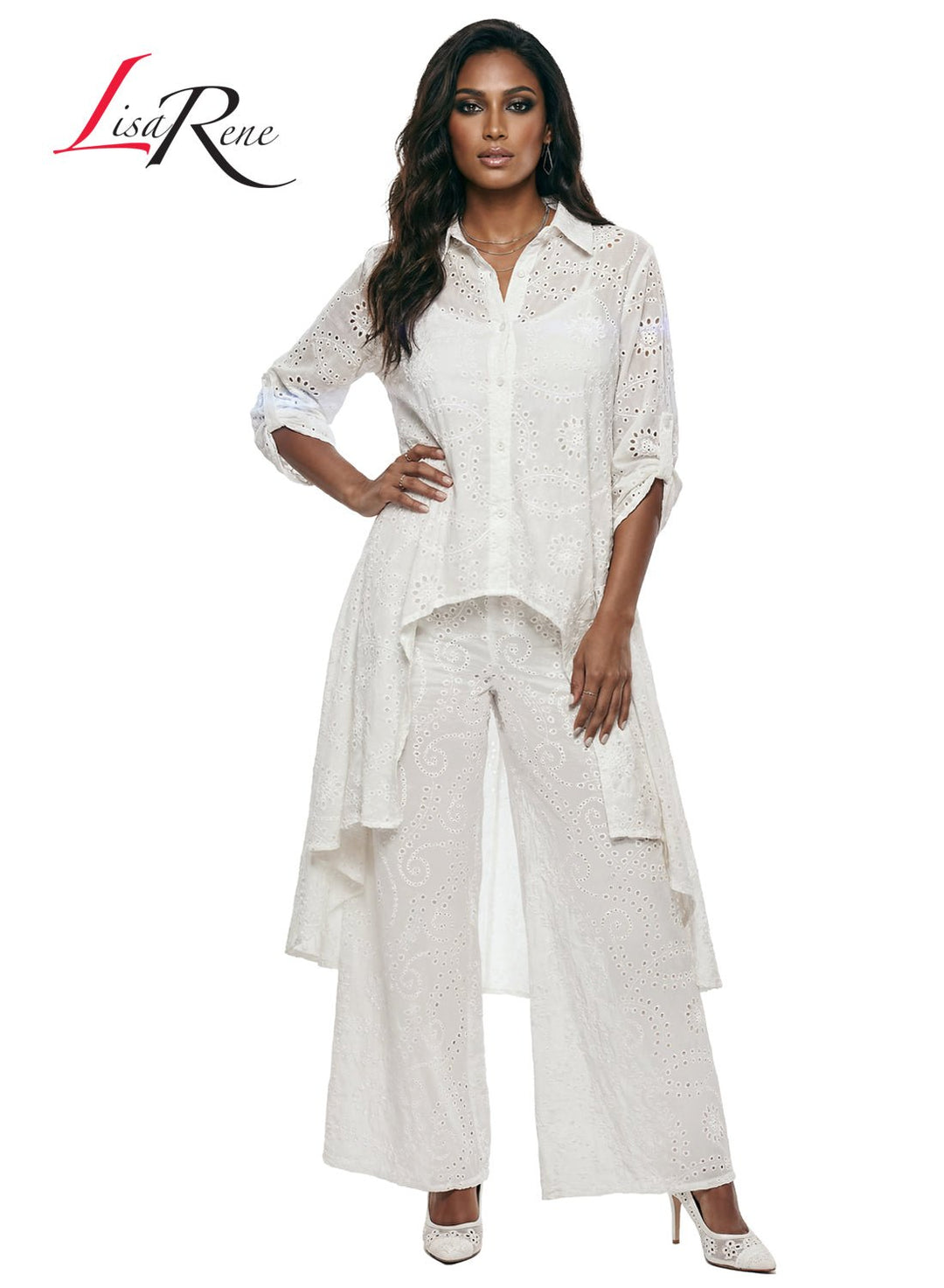 Lisa Rene' , 2Pc. Hi-Low Tunic & Pant Set, Embroidered Cotton Fabric. Style 3367 - Krown Elle