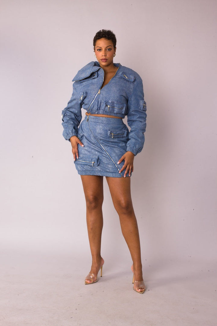 Metallic Shimmer Cropped Bomber Jacket  -82592