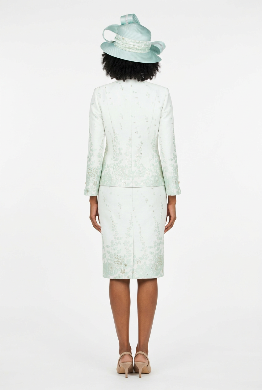 3pc Floral Print Brocade Peplum Jkt Skt Suit
