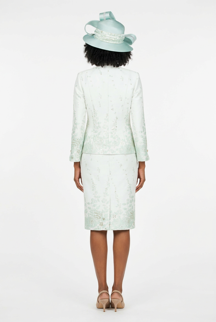 3pc Floral Print Brocade Peplum Jkt Skt Suit