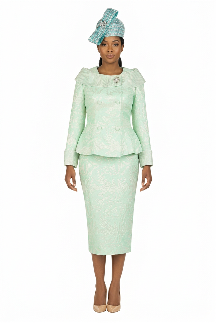 2pc Dbl-brstd Brocade Skirt Suit w/ Brooch