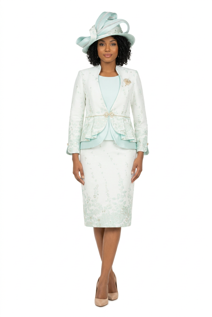 3pc Floral Print Brocade Peplum Jkt Skt Suit