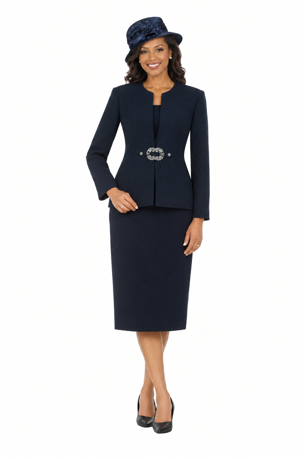 3pc Collarless Rhinestone Buckle Skirt Suit - Plus