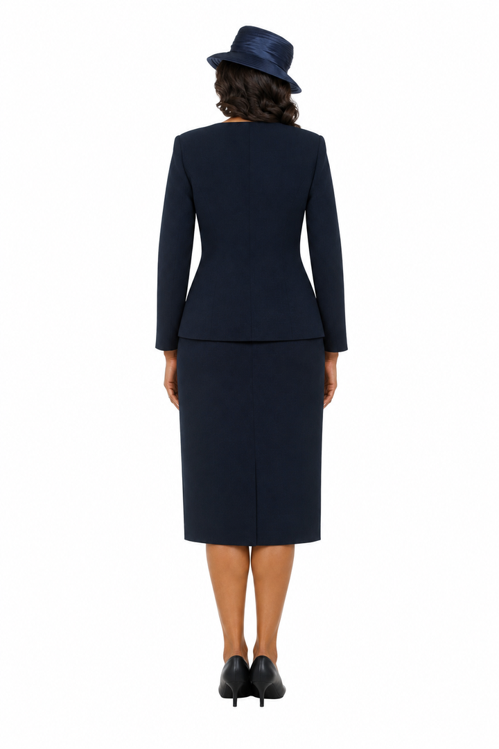 3pc Collarless Rhinestone Buckle Skirt Suit