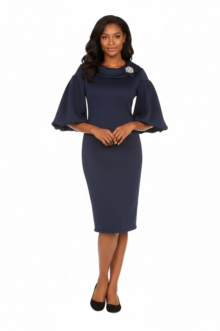 Scuba Shift Dress w/ Portrait Collar&Ballon Slv