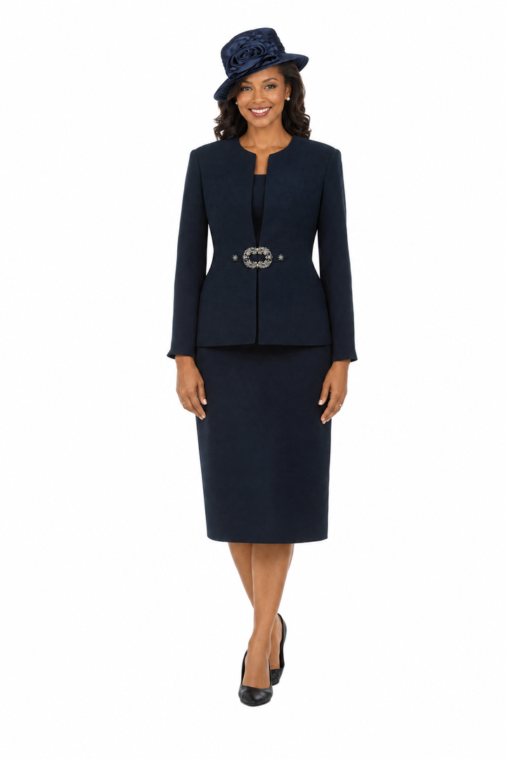 3pc Collarless Rhinestone Buckle Skirt Suit - Plus