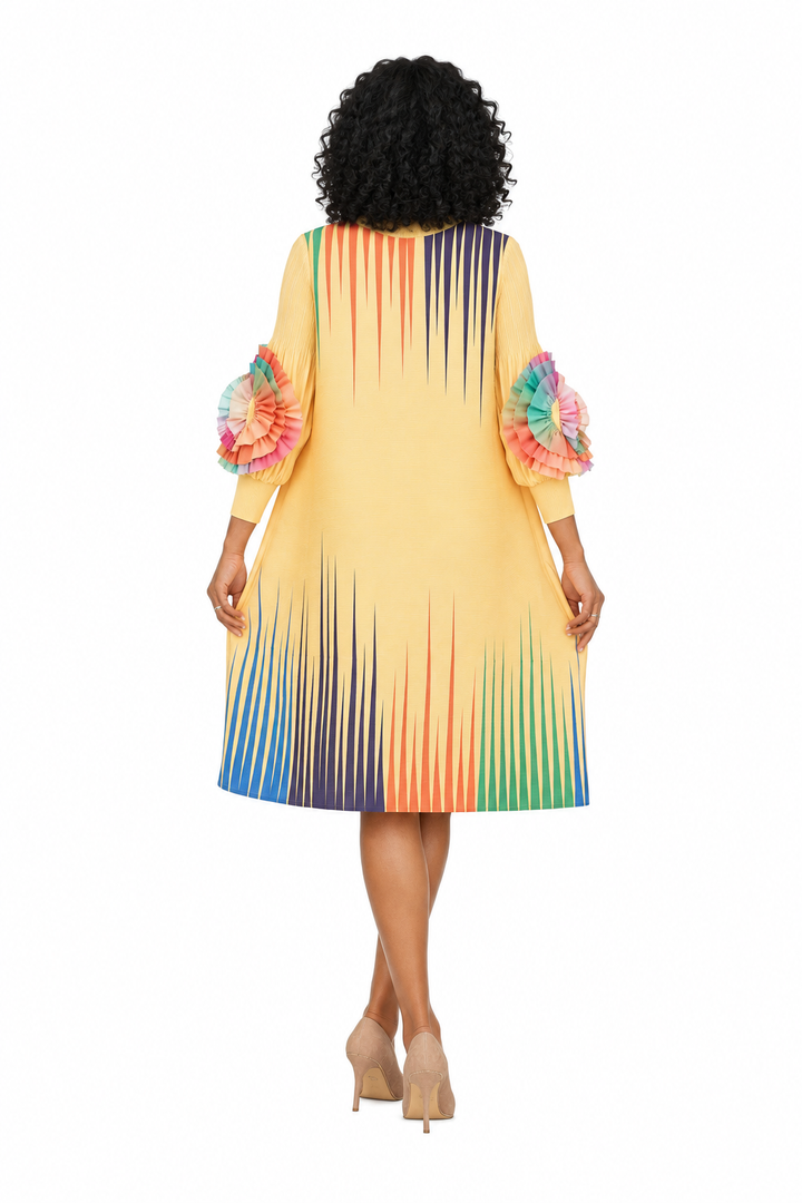 Golden Glow Pleated Dress w/ Artistic Stripe Print